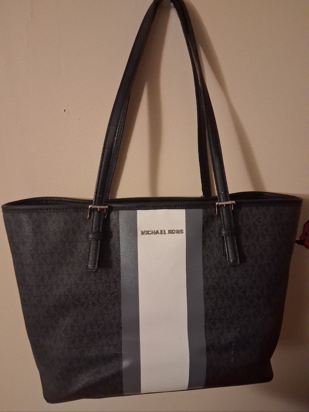 Michael Kors Black Tote with White and Gray Center Stripe